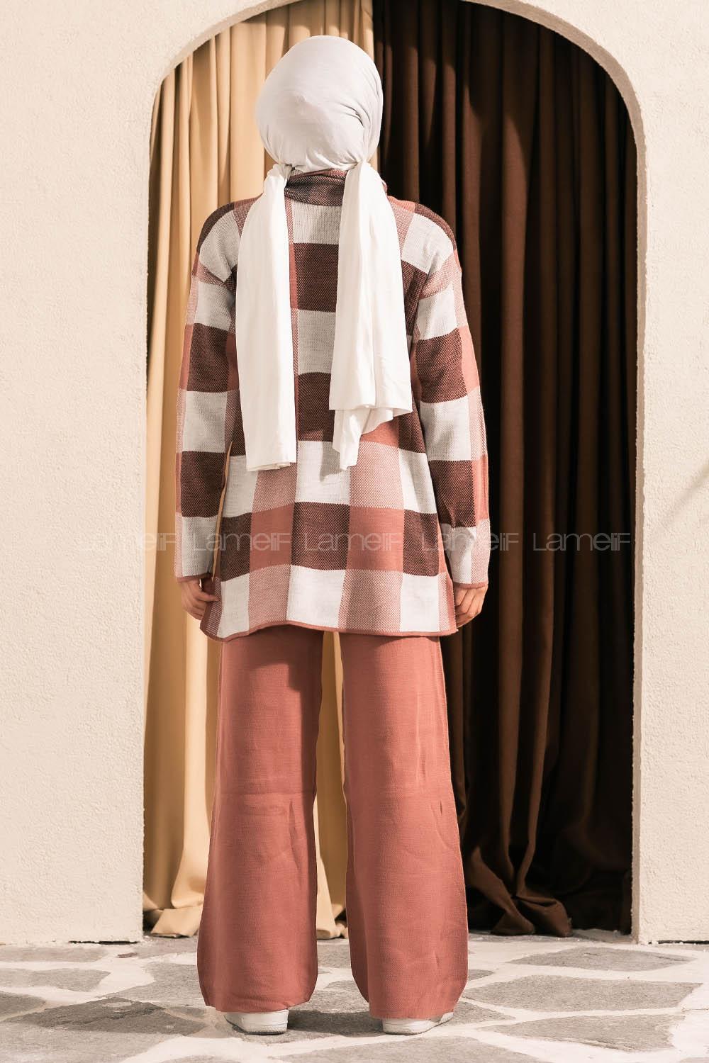 Modalamelif Balıkçı Yaka Kareli Takım Gül Rengi