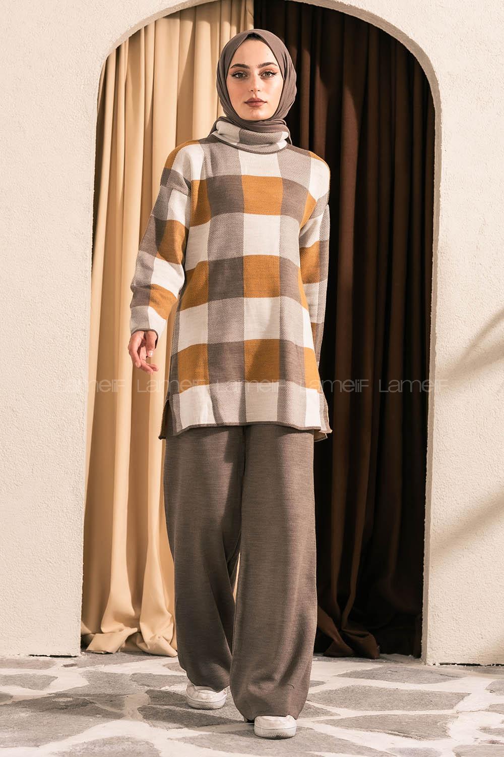 Modalamelif Balıkçı Yaka Kareli Takım Vizonrengi