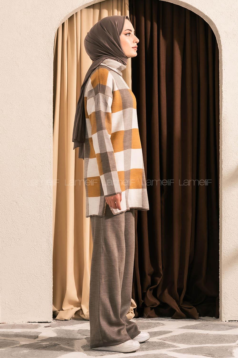 Modalamelif Balıkçı Yaka Kareli Takım Vizonrengi