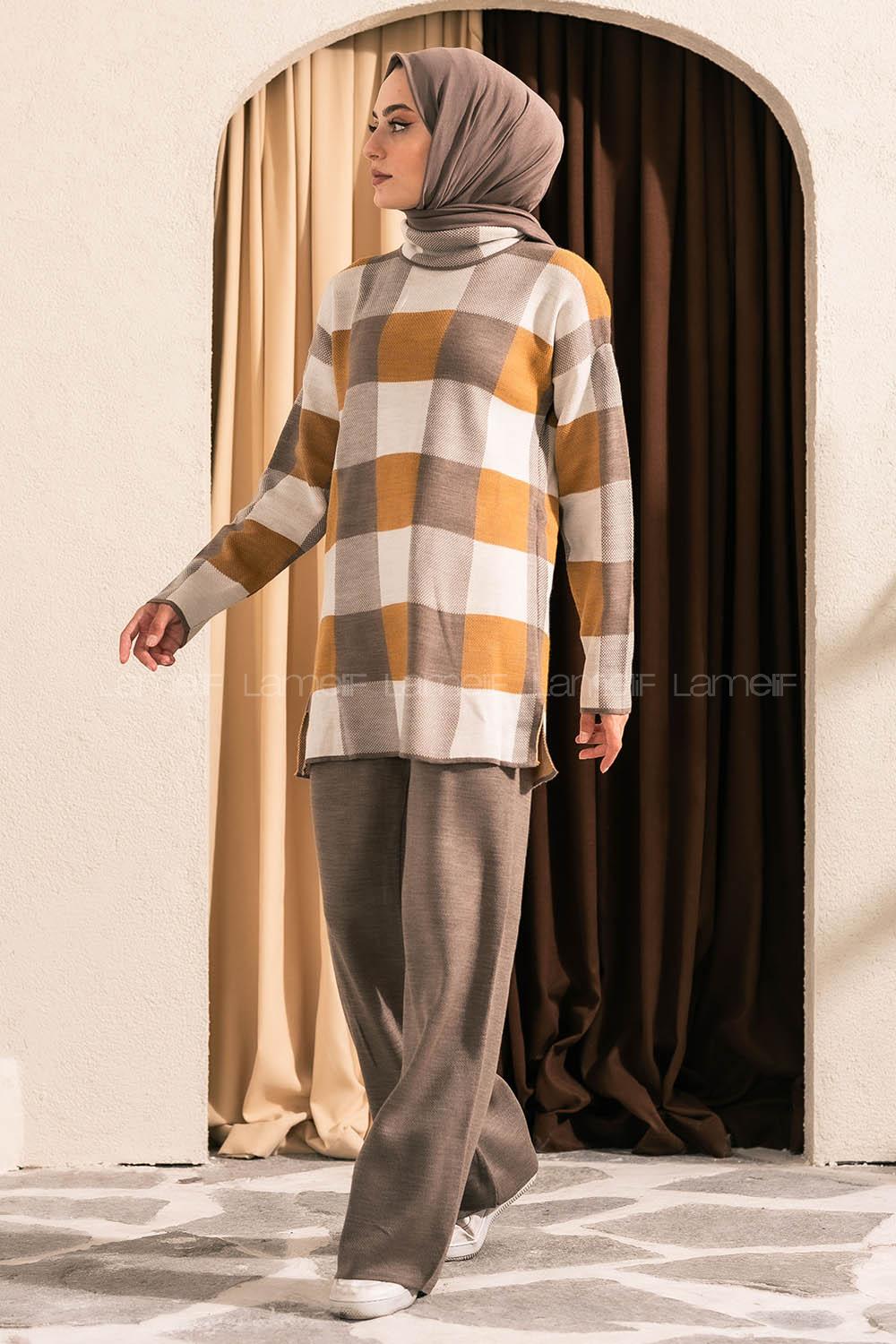 Modalamelif Balıkçı Yaka Kareli Takım Vizonrengi