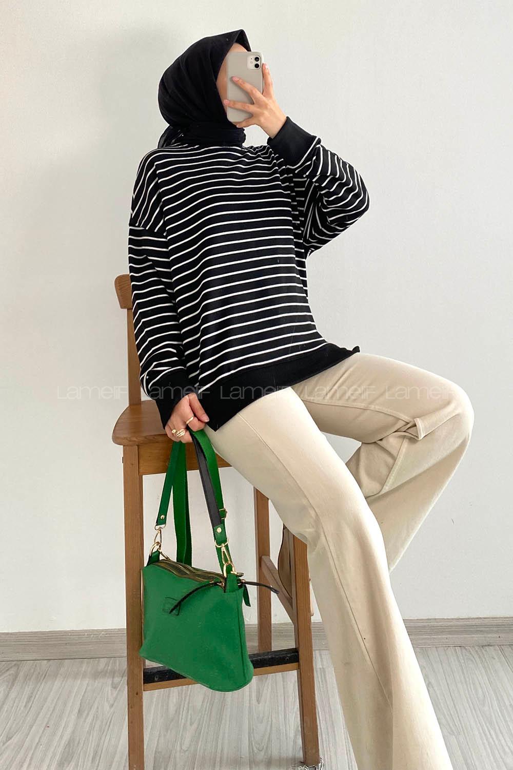 Modalamelif Bisiklet Yaka Çizgi Şeritli Bertie Sweat Siyah