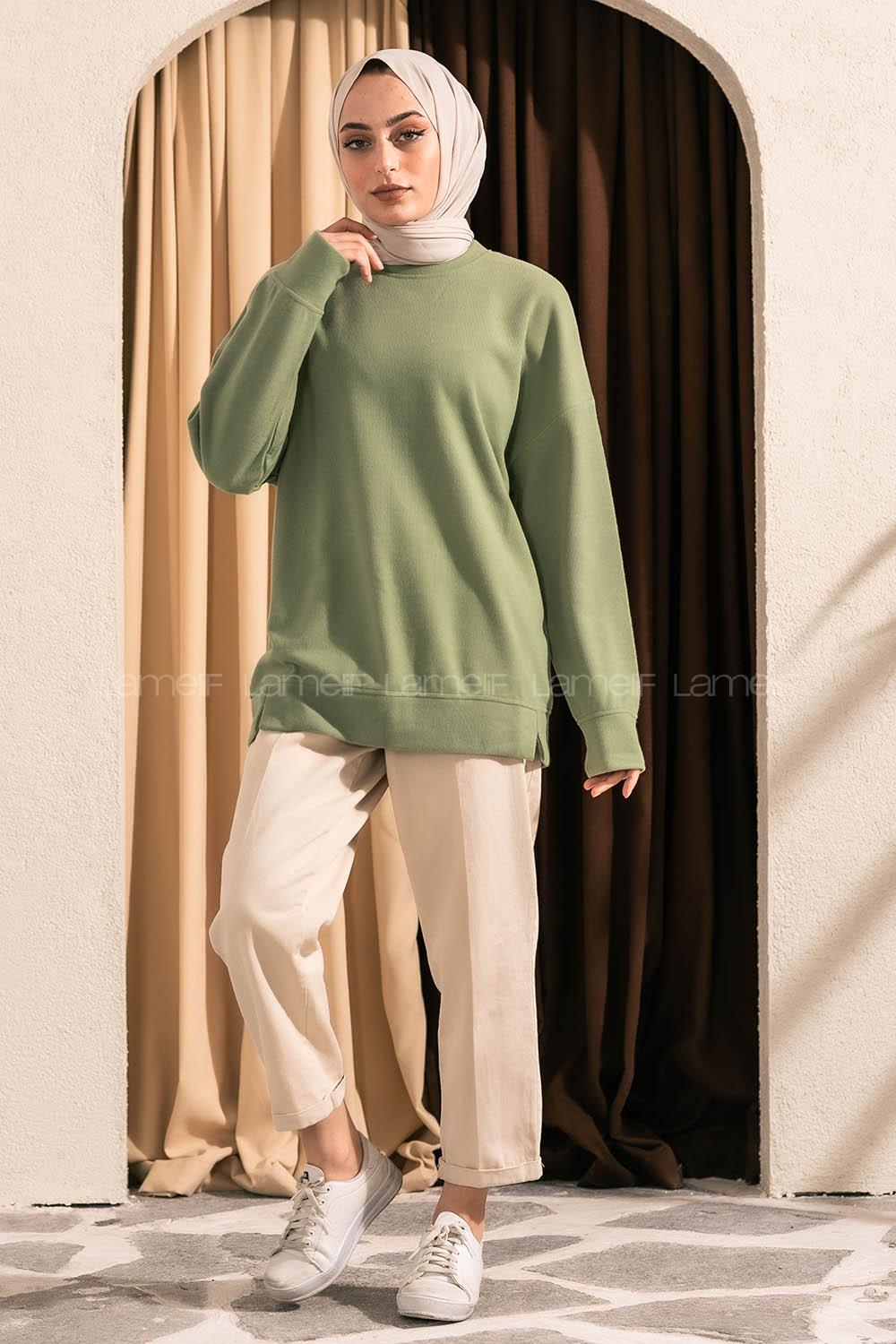 Modalamelif  Bisiklet Yaka Düz Renkli Sweat Çağla Yeşili