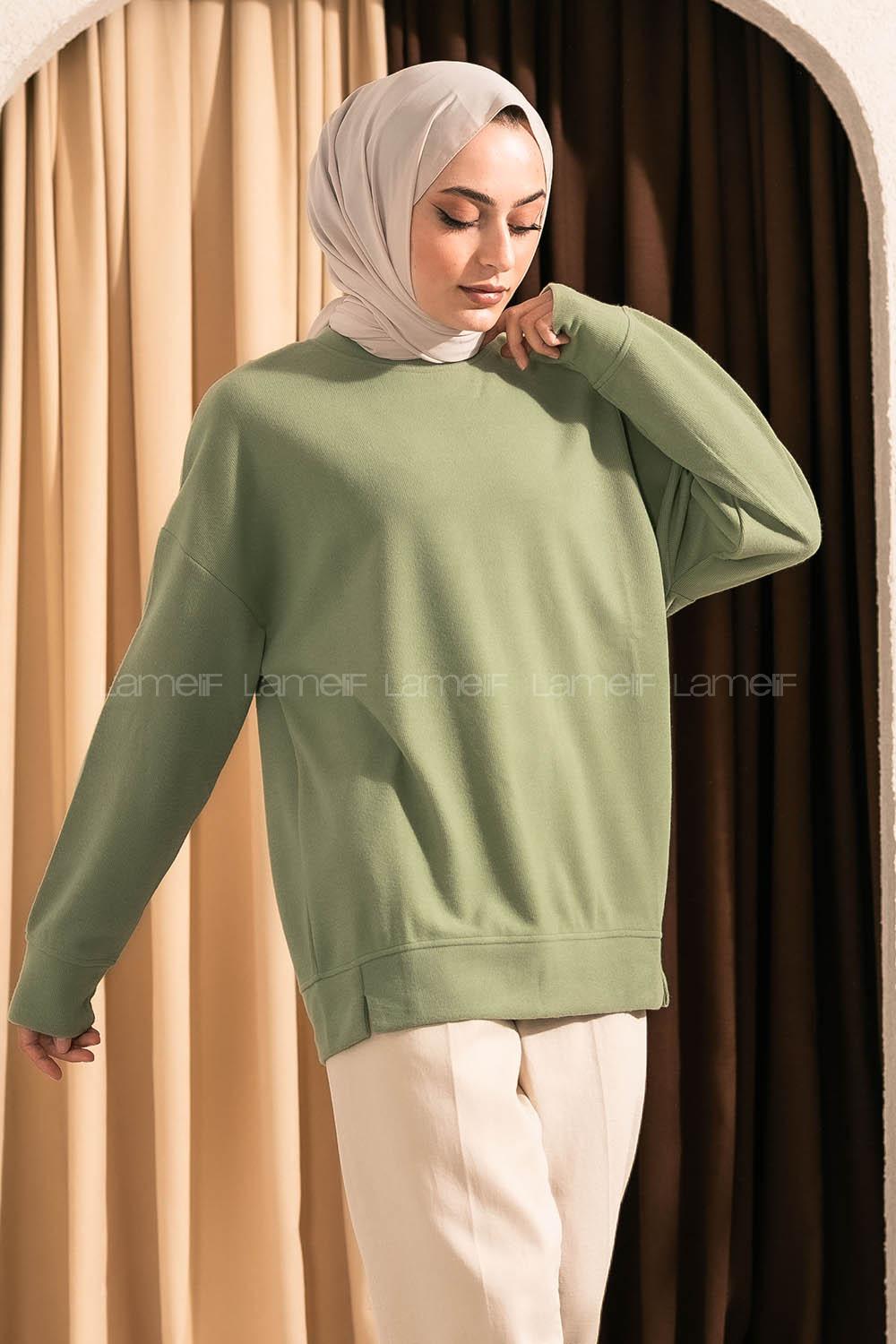 Modalamelif  Bisiklet Yaka Düz Renkli Sweat Çağla Yeşili