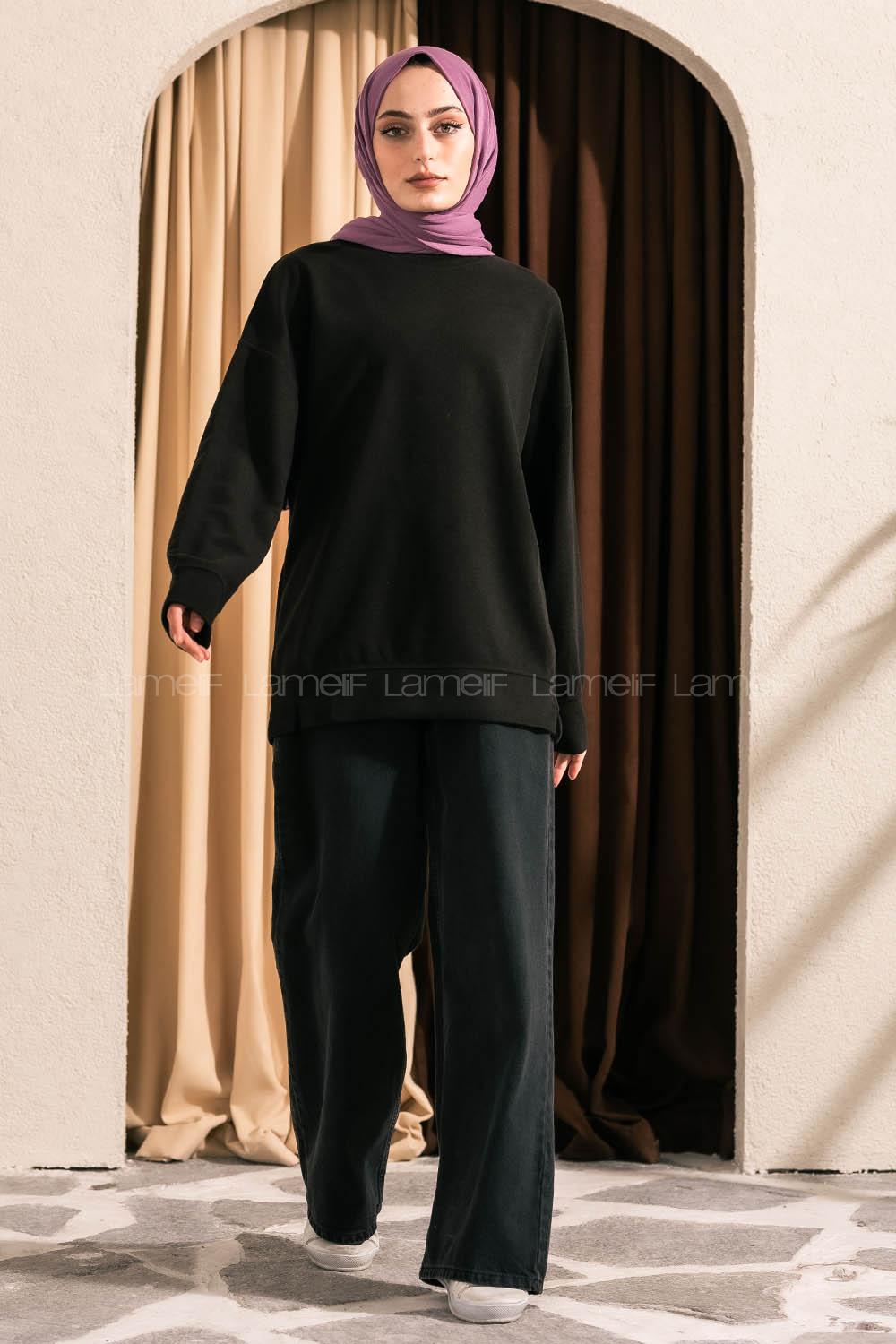 Modalamelif  Bisiklet Yaka Düz Renkli Sweat Siyah