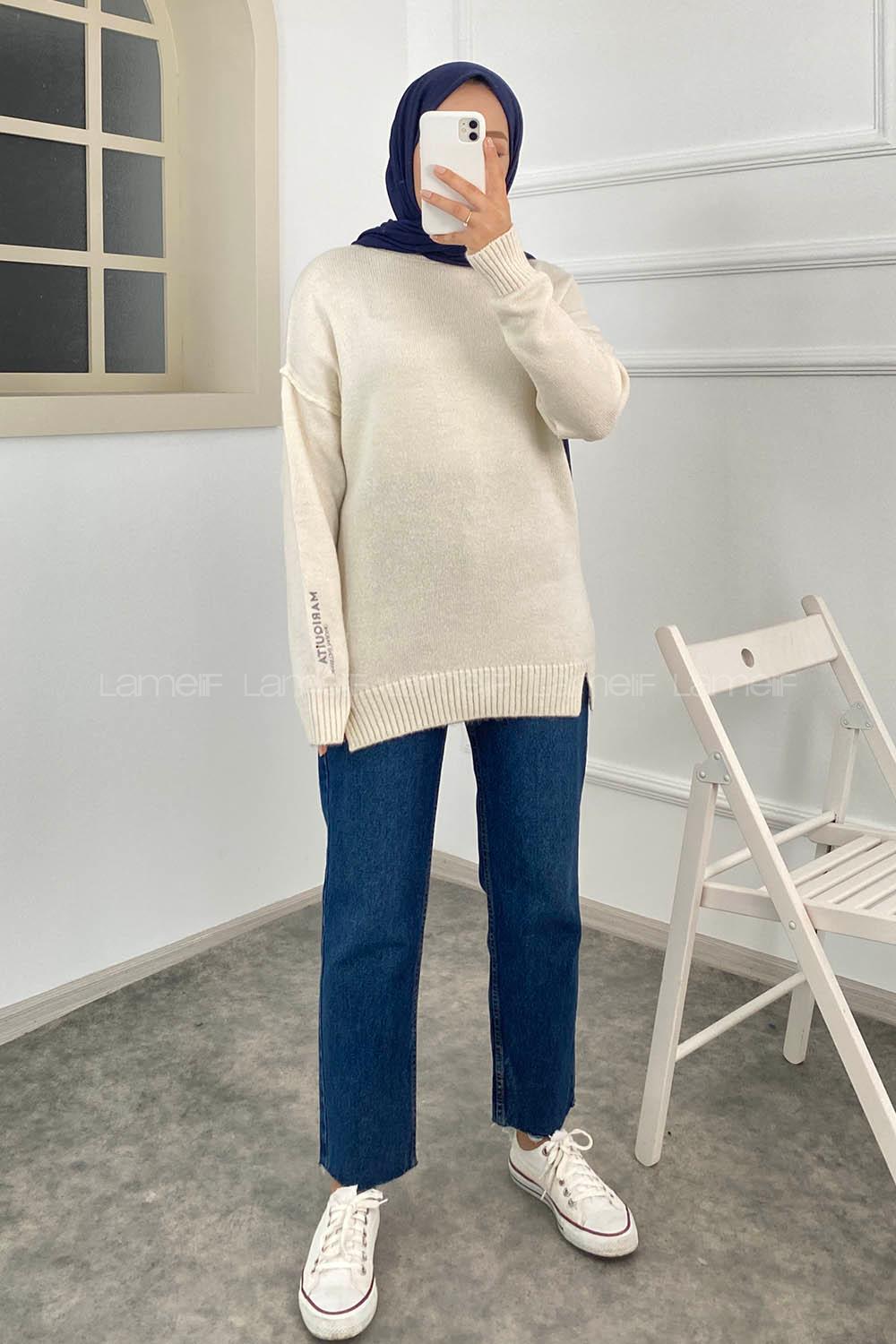 Modalamelif Bisiklet Yaka Kolu Yazı Nakış Detaylı Bertie Triko Kazak Beyaz