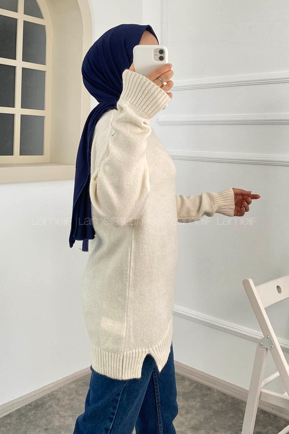 Modalamelif Bisiklet Yaka Kolu Yazı Nakış Detaylı Bertie Triko Kazak Beyaz