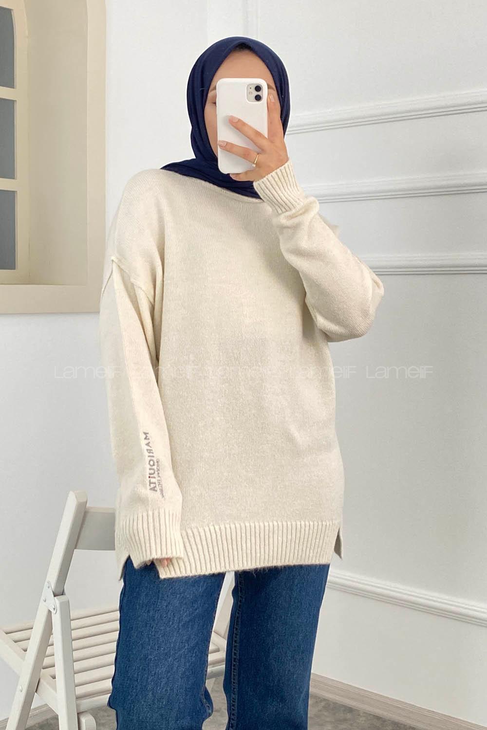 Modalamelif Bisiklet Yaka Kolu Yazı Nakış Detaylı Bertie Triko Kazak Beyaz