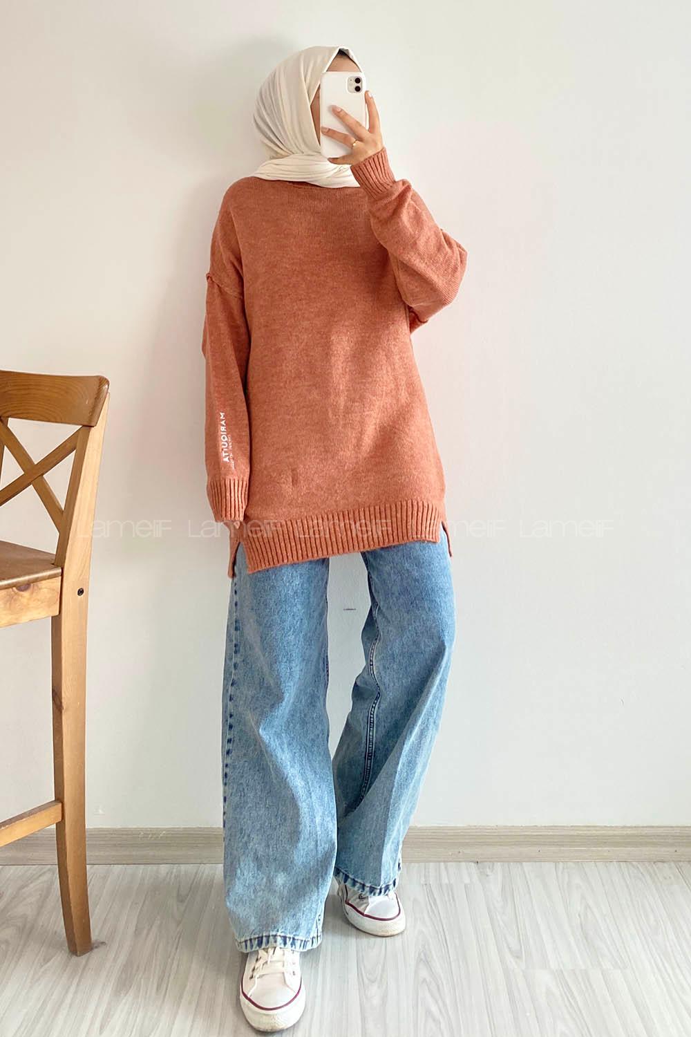 Modalamelif Bisiklet Yaka Kolu Yazı Nakış Detaylı Bertie Triko Kazak Gül