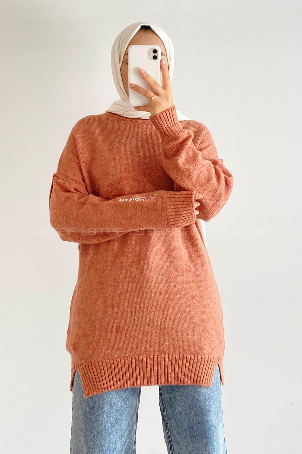 Modalamelif Bisiklet Yaka Kolu Yazı Nakış Detaylı Bertie Triko Kazak Gül