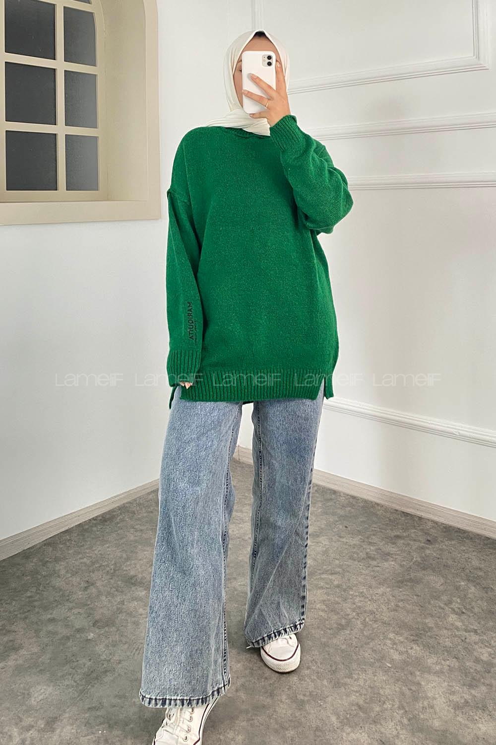 Modalamelif Bisiklet Yaka Kolu Yazı Nakış Detaylı Bertie Triko Kazak Yeşil