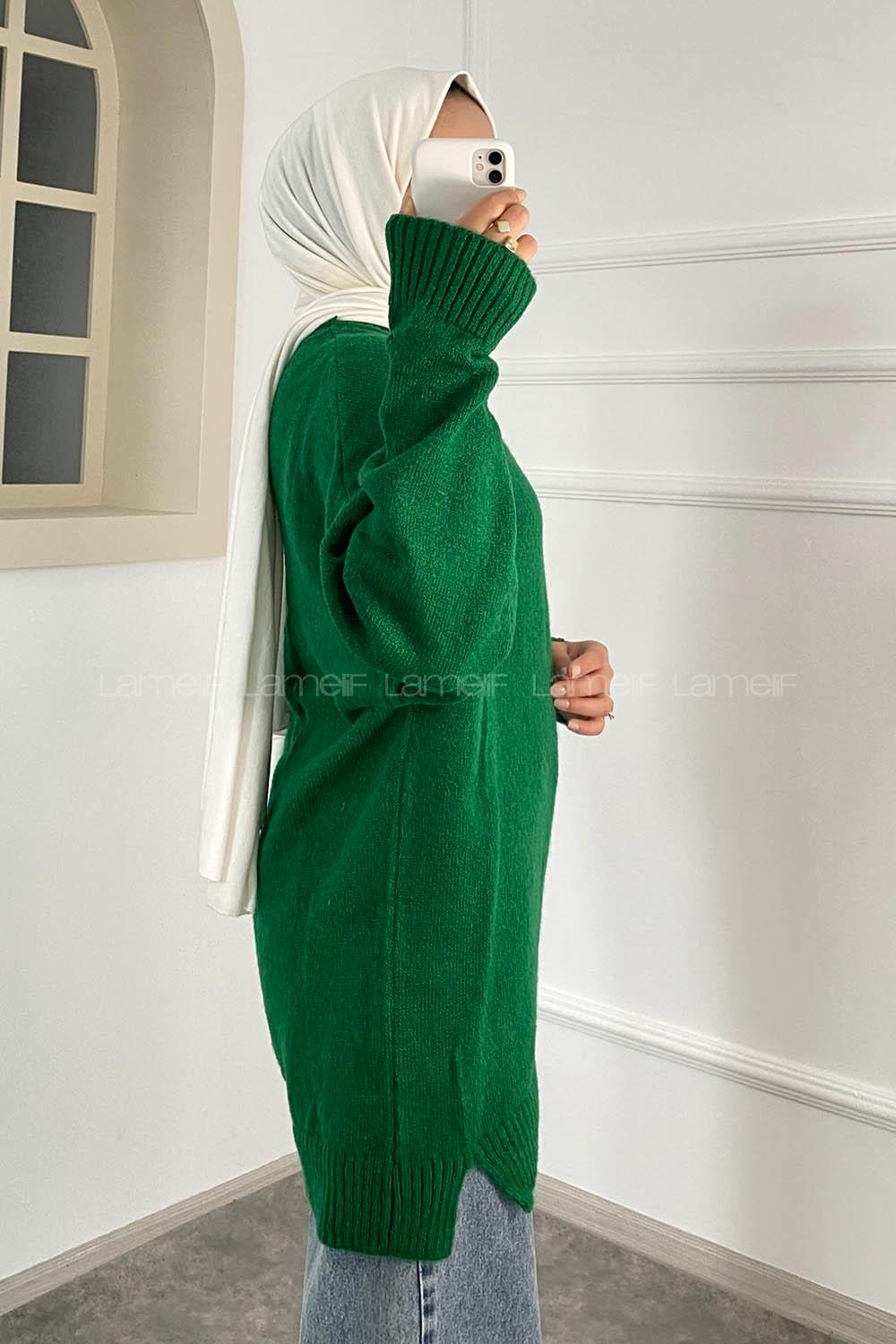 Modalamelif Bisiklet Yaka Kolu Yazı Nakış Detaylı Bertie Triko Kazak Yeşil