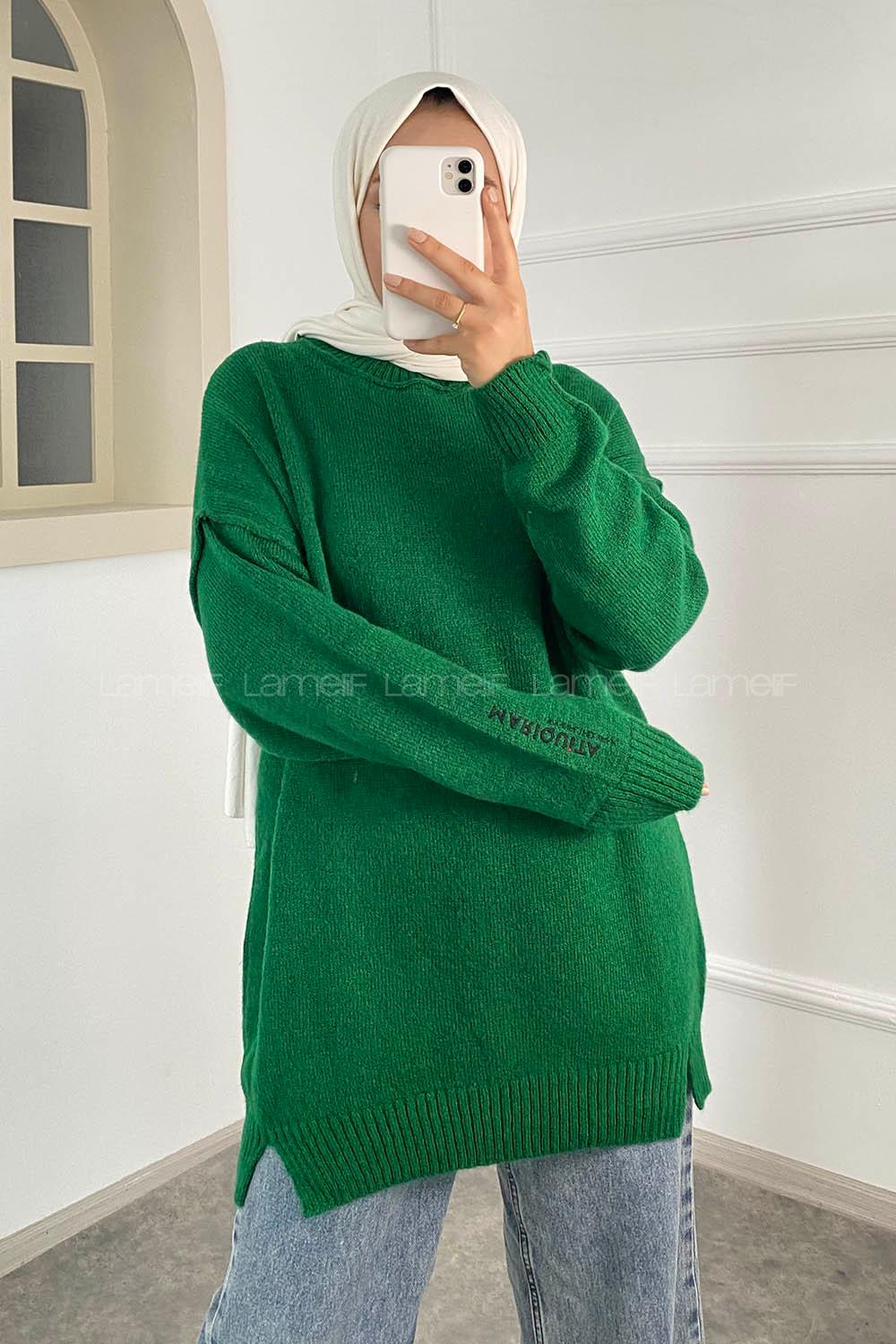 Modalamelif Bisiklet Yaka Kolu Yazı Nakış Detaylı Bertie Triko Kazak Yeşil