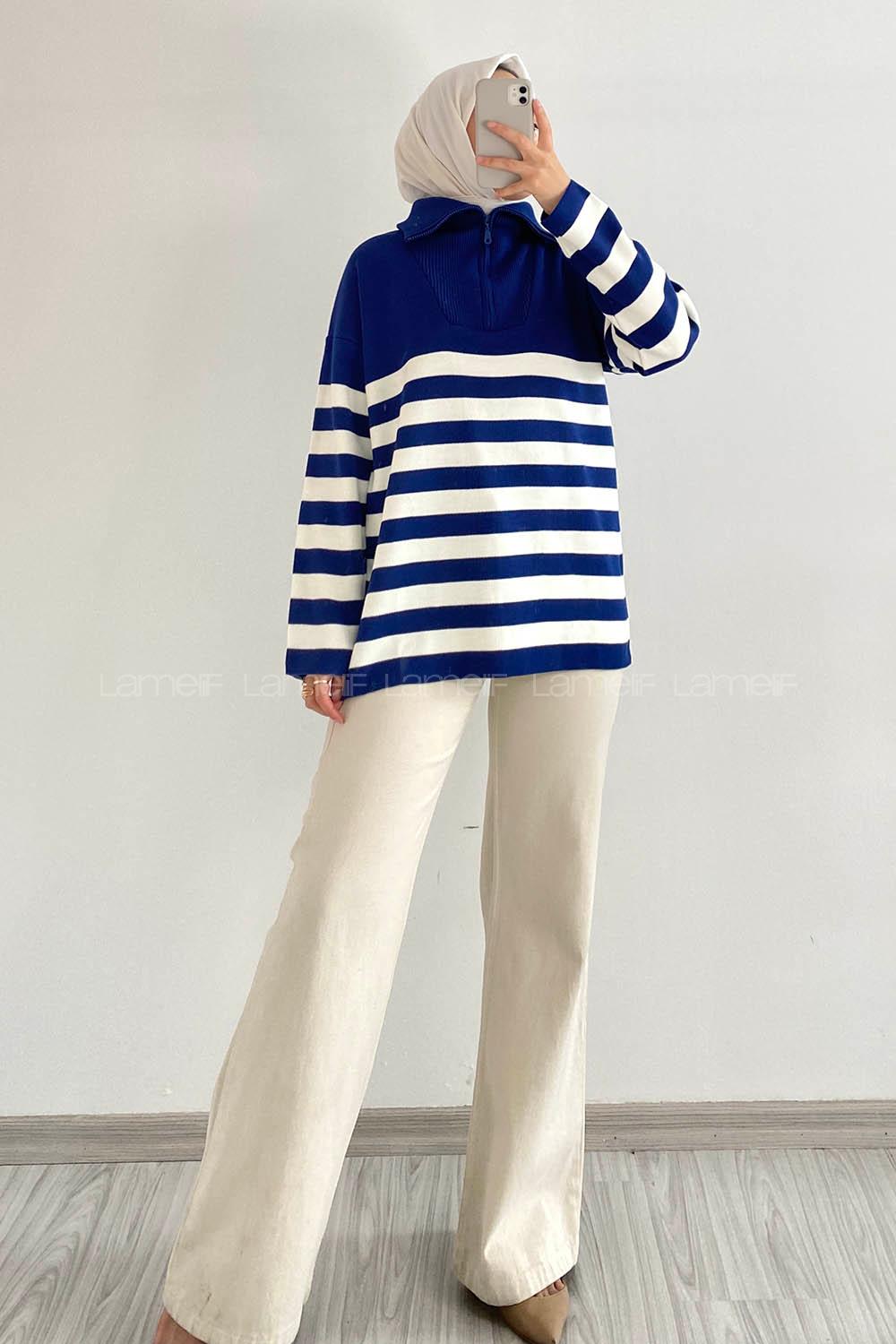 Modalamelif Boğazlı Yarım Fermuar Detaylı Çizgi Desenli Triko Kazak Lacivert