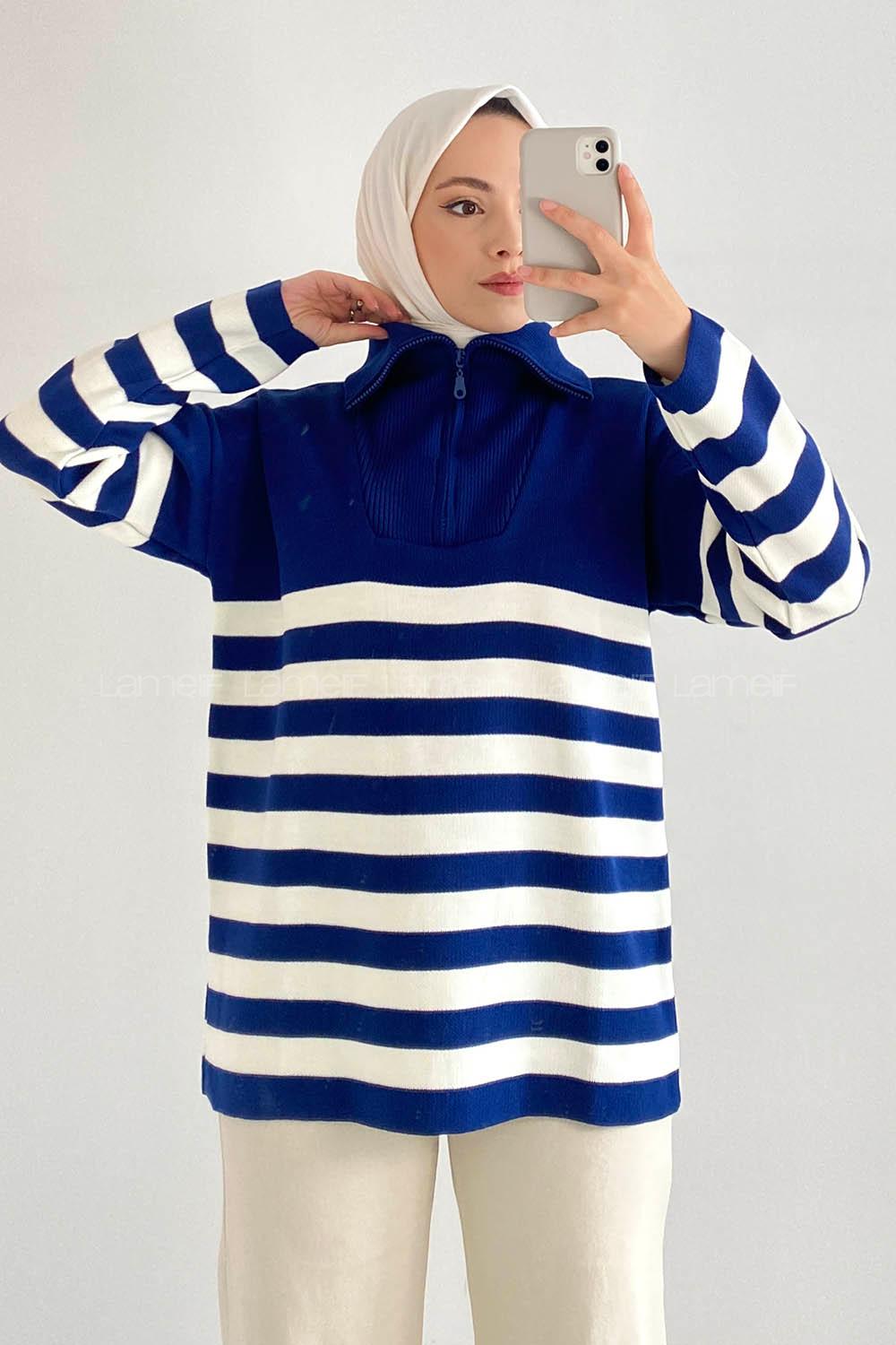 Modalamelif Boğazlı Yarım Fermuar Detaylı Çizgi Desenli Triko Kazak Lacivert