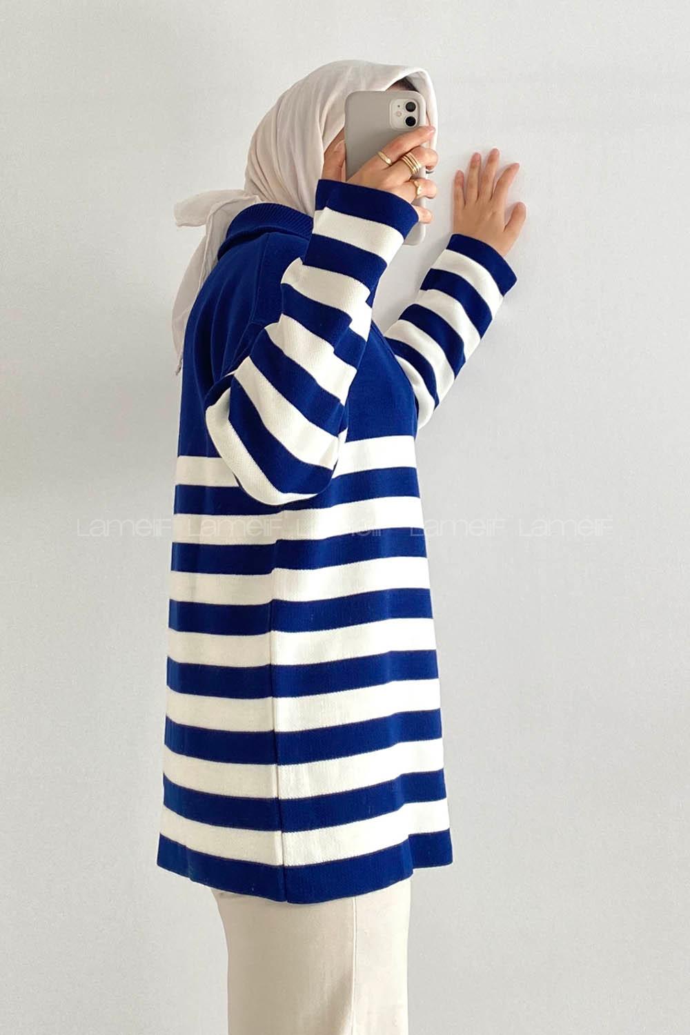 Modalamelif Boğazlı Yarım Fermuar Detaylı Çizgi Desenli Triko Kazak Lacivert