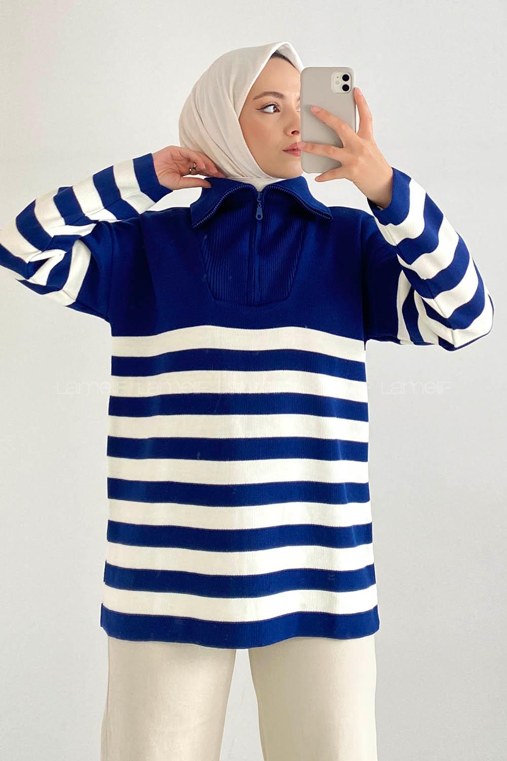Modalamelif Boğazlı Yarım Fermuar Detaylı Çizgi Desenli Triko Kazak Lacivert