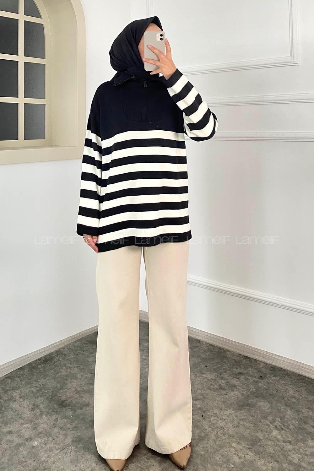 Modalamelif Boğazlı Yarım Fermuar Detaylı Çizgi Desenli Triko Kazak Siyah