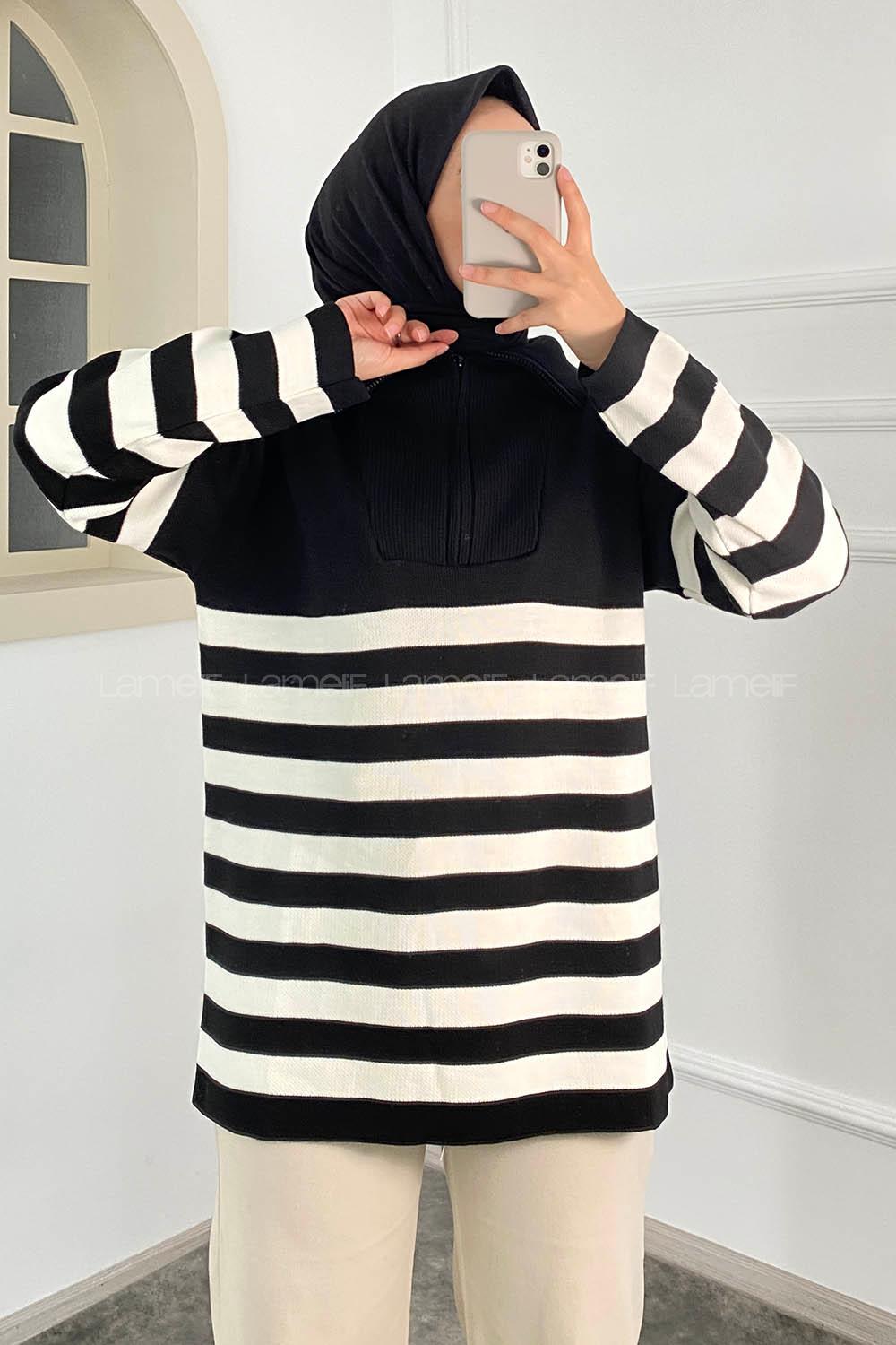 Modalamelif Boğazlı Yarım Fermuar Detaylı Çizgi Desenli Triko Kazak Siyah