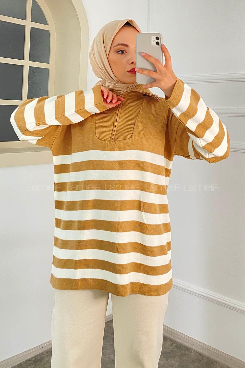 Modalamelif Boğazlı Yarım Fermuar Detaylı Çizgi Desenli Triko Kazak Sütlükahve