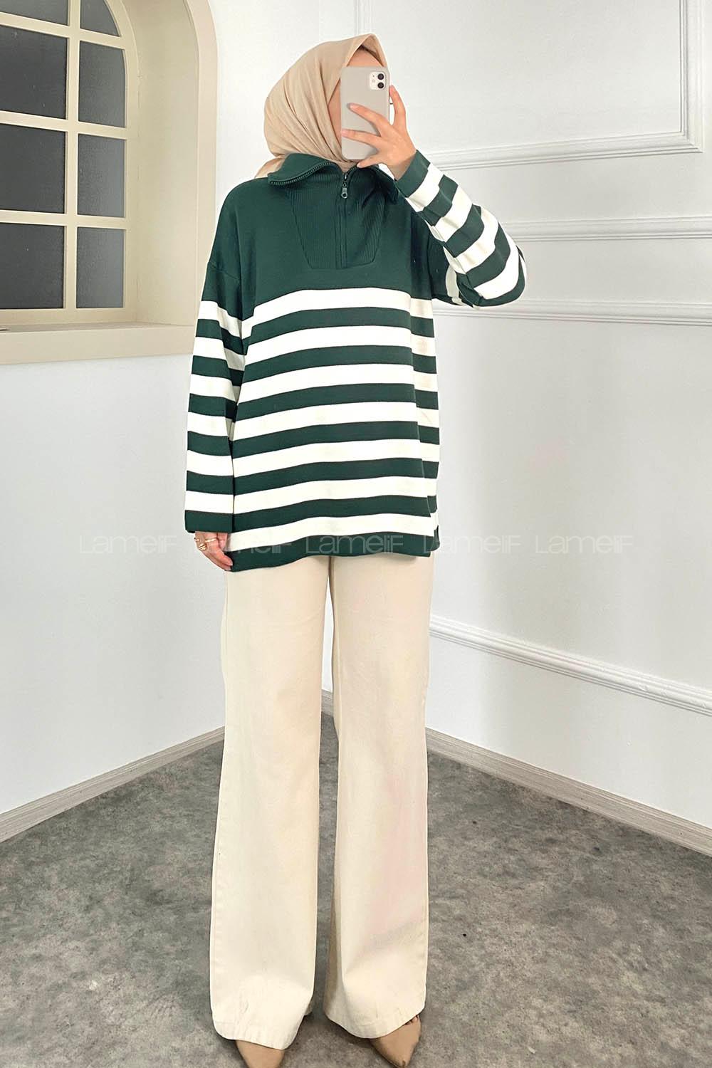 Modalamelif Boğazlı Yarım Fermuar Detaylı Çizgi Desenli Triko Kazak Zümrüt