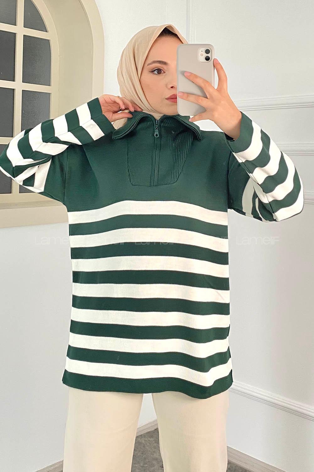 Modalamelif Boğazlı Yarım Fermuar Detaylı Çizgi Desenli Triko Kazak Zümrüt