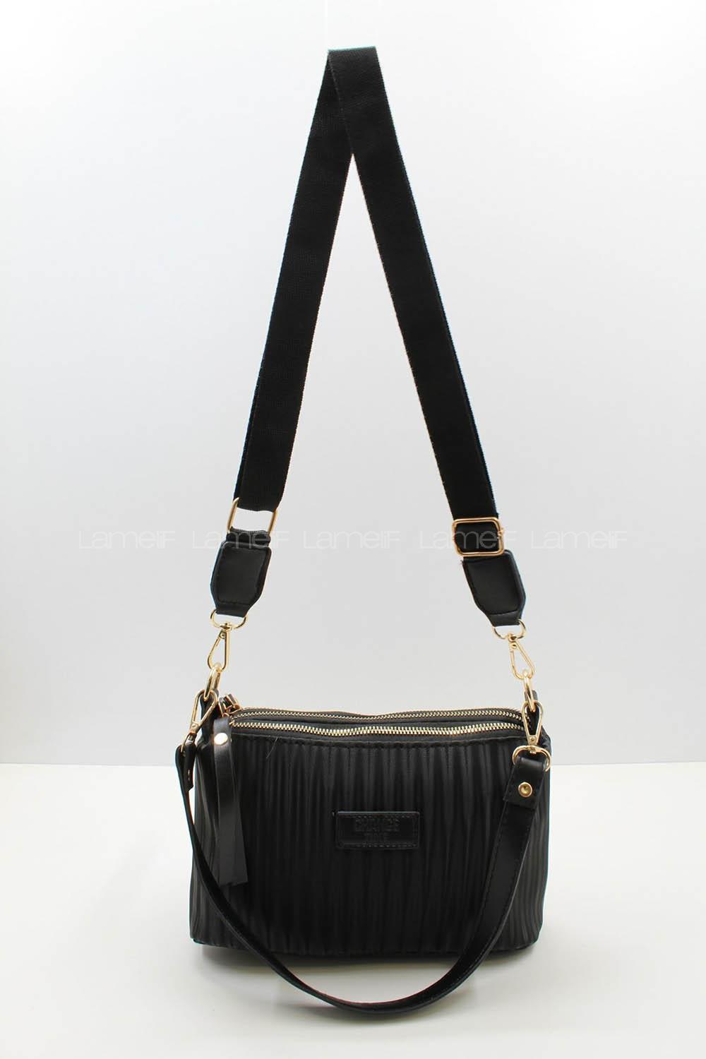 Modalamelif Change Üç Bölmeli Çizgili Saten Çanta Siyah