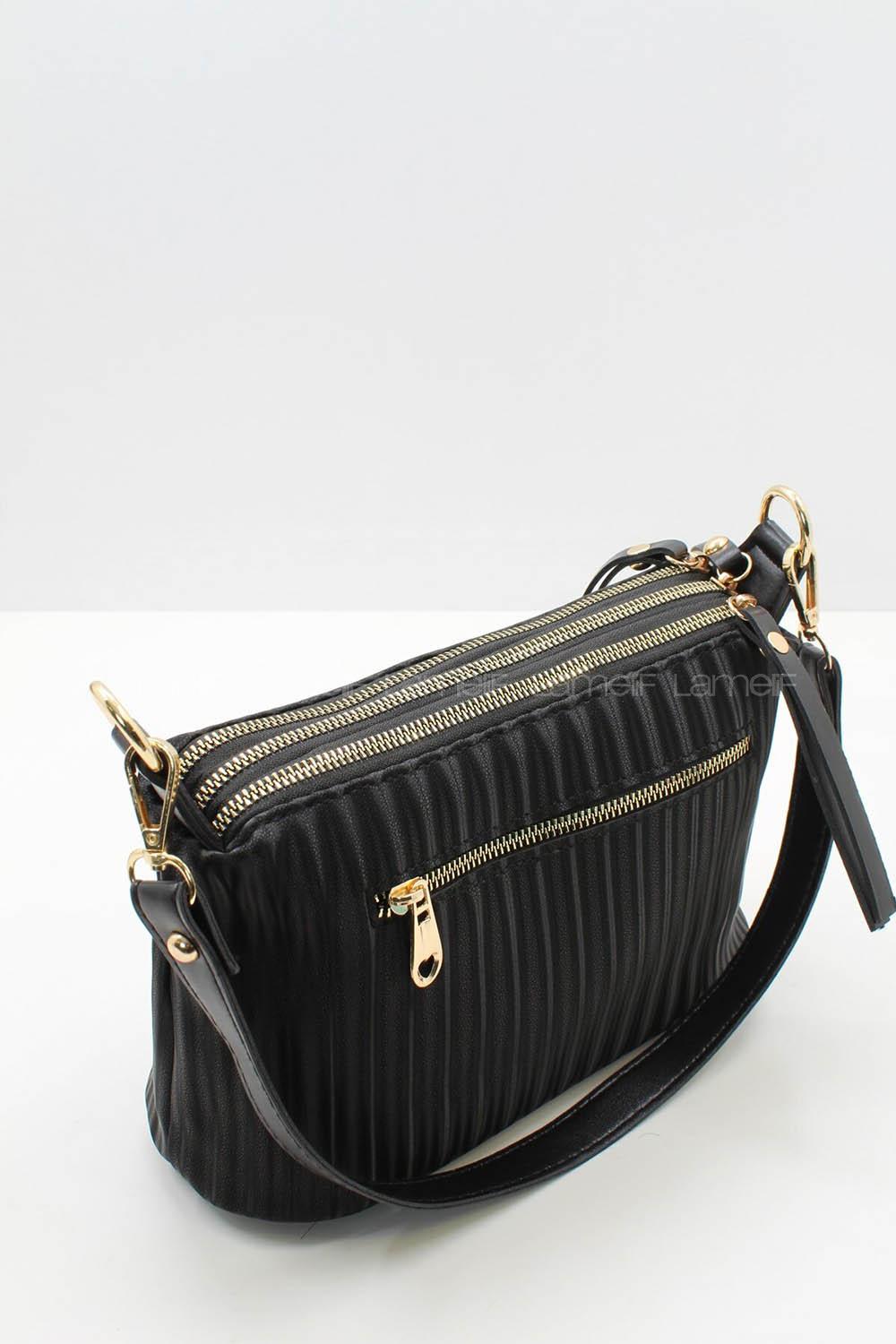Modalamelif Change Üç Bölmeli Çizgili Saten Çanta Siyah