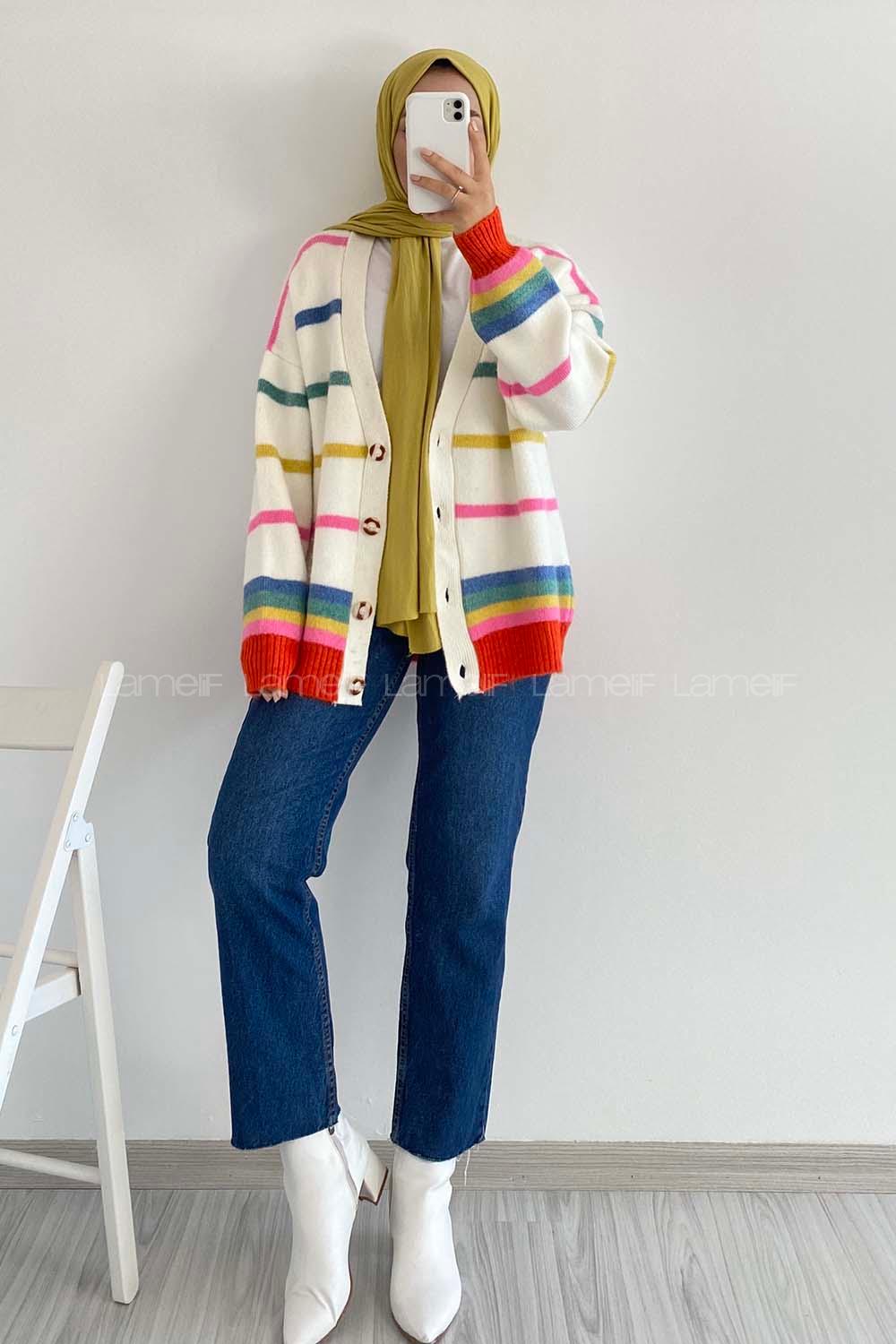 Modalamelif Çizgi Şerit Desenli Önü Boydan Düğmeli Triko Hırka Çokrenkli
