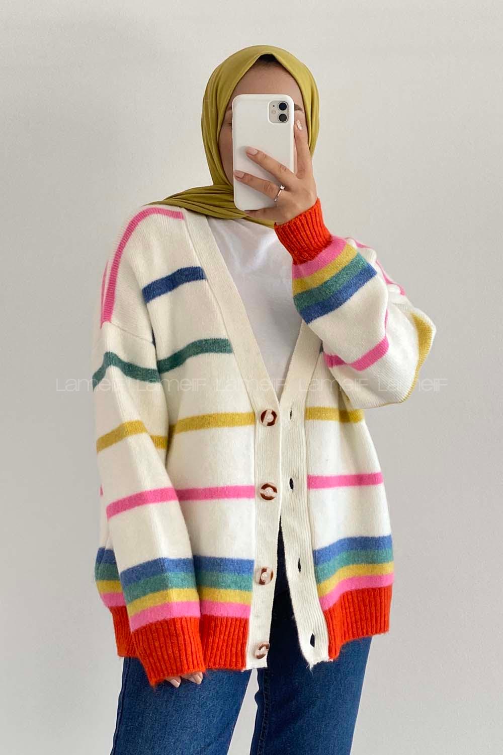 Modalamelif Çizgi Şerit Desenli Önü Boydan Düğmeli Triko Hırka Çokrenkli