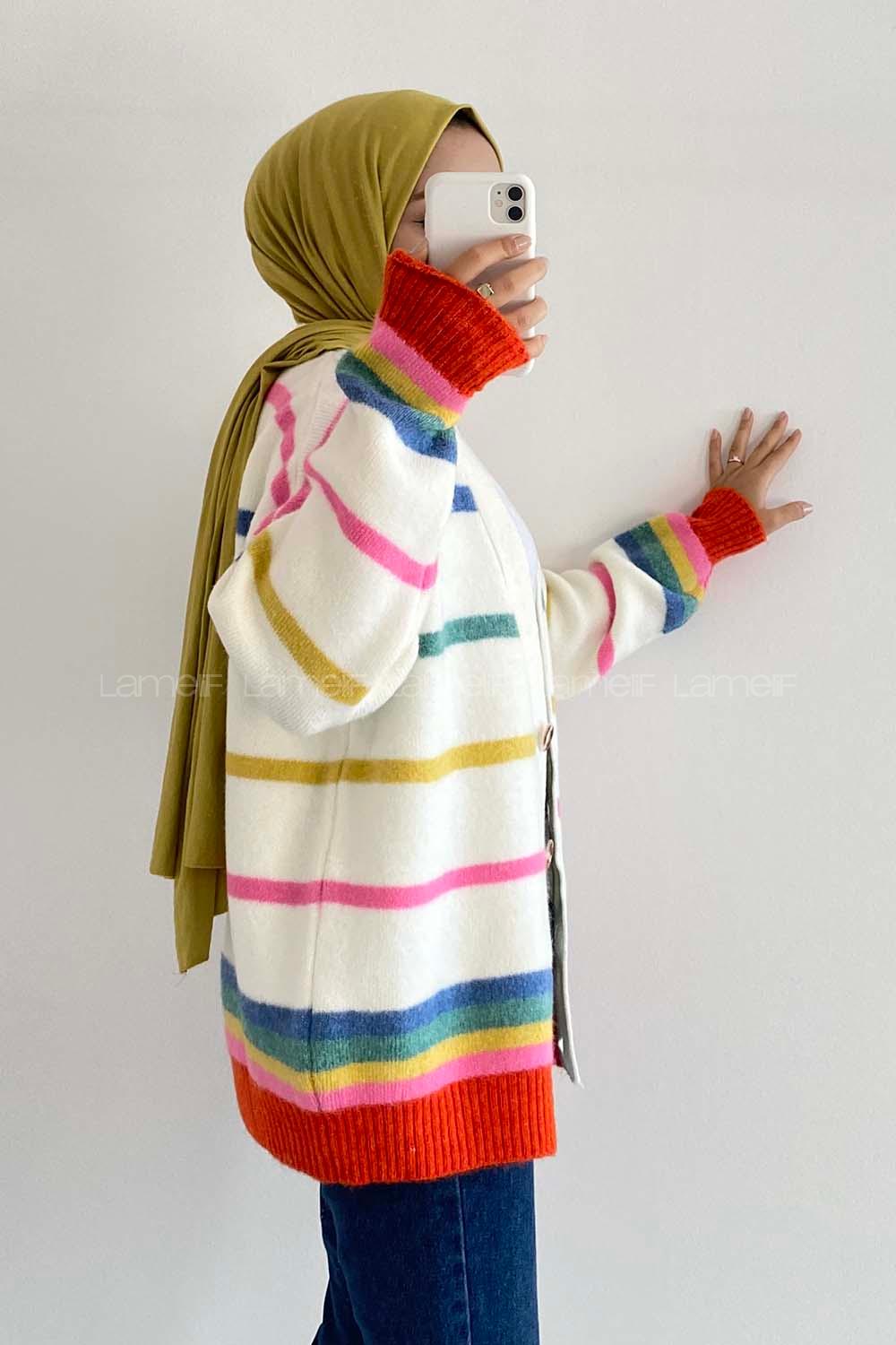 Modalamelif Çizgi Şerit Desenli Önü Boydan Düğmeli Triko Hırka Çokrenkli