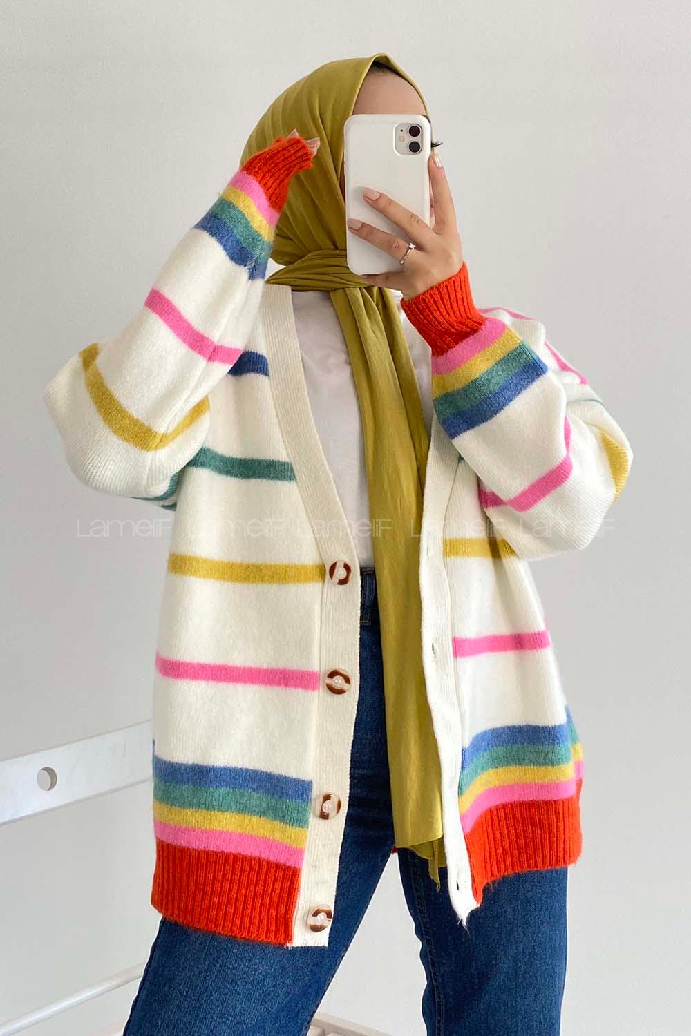 Modalamelif Çizgi Şerit Desenli Önü Boydan Düğmeli Triko Hırka Çokrenkli