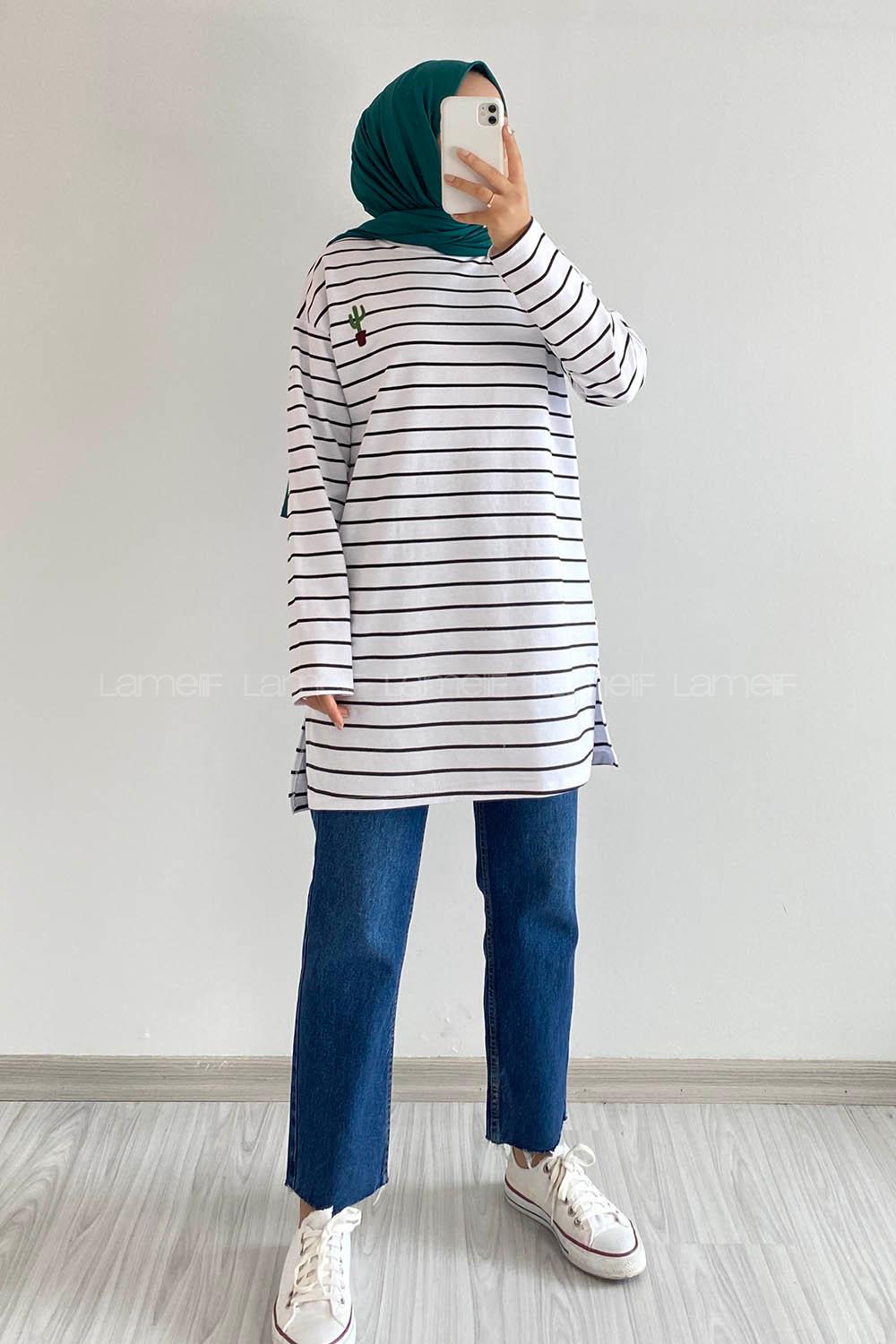 Modalamelif Kaktüs Nakışlı Çizgili Tunik Beyaz