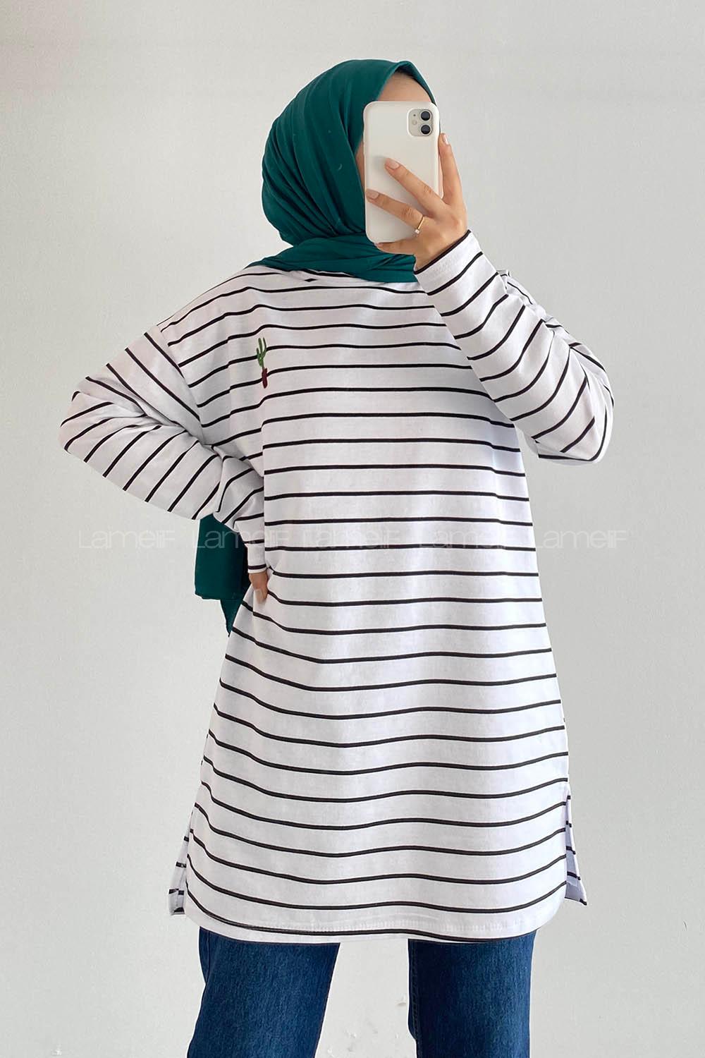 Modalamelif Kaktüs Nakışlı Çizgili Tunik Beyaz