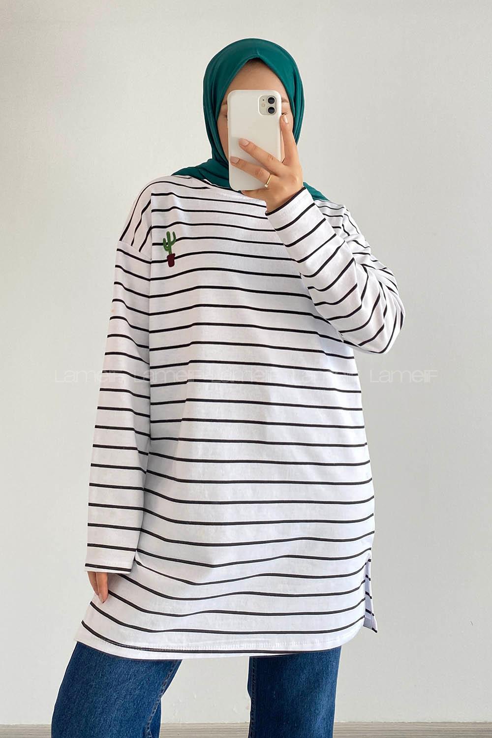 Modalamelif Kaktüs Nakışlı Çizgili Tunik Beyaz