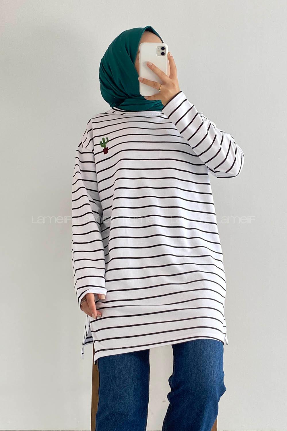 Modalamelif Kaktüs Nakışlı Çizgili Tunik Beyaz