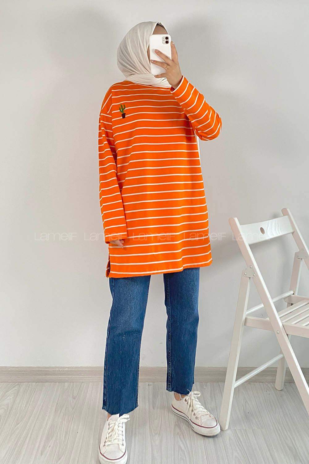 Modalamelif Kaktüs Nakışlı Çizgili Tunik Oranj