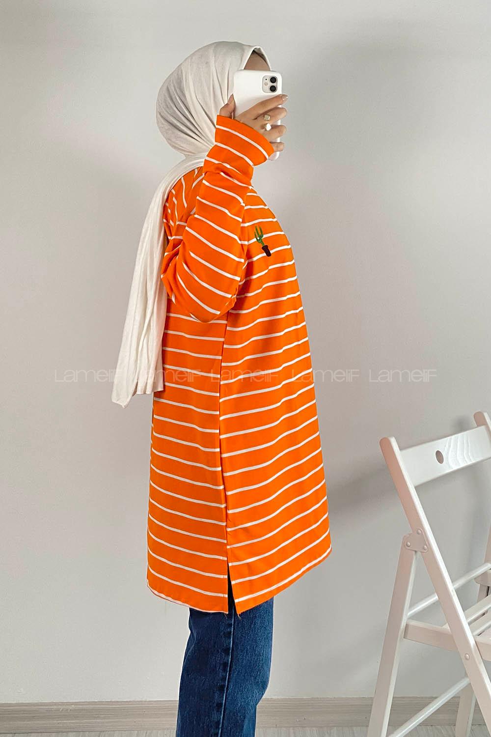 Modalamelif Kaktüs Nakışlı Çizgili Tunik Oranj