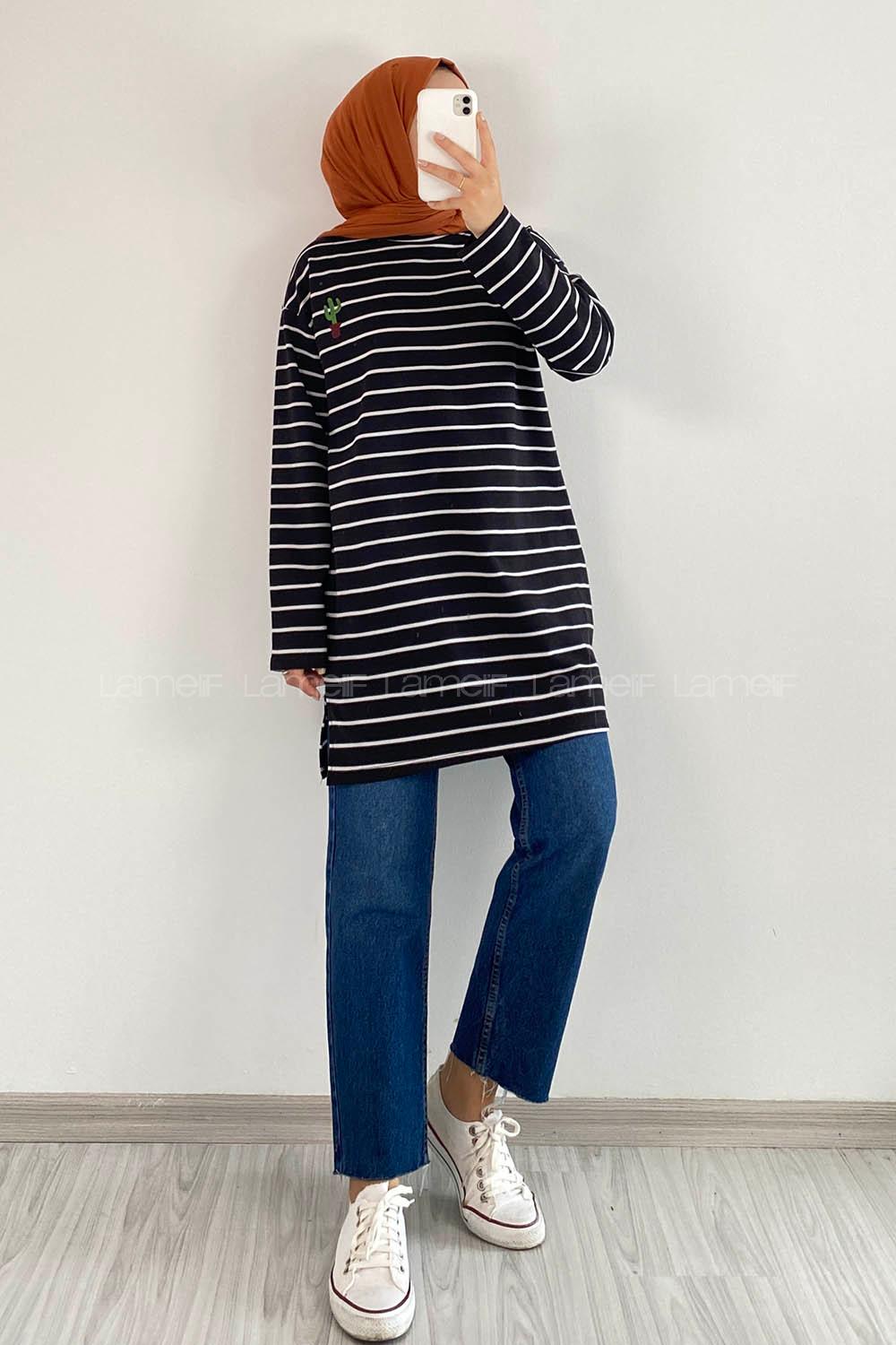 Modalamelif Kaktüs Nakışlı Çizgili Tunik Siyah