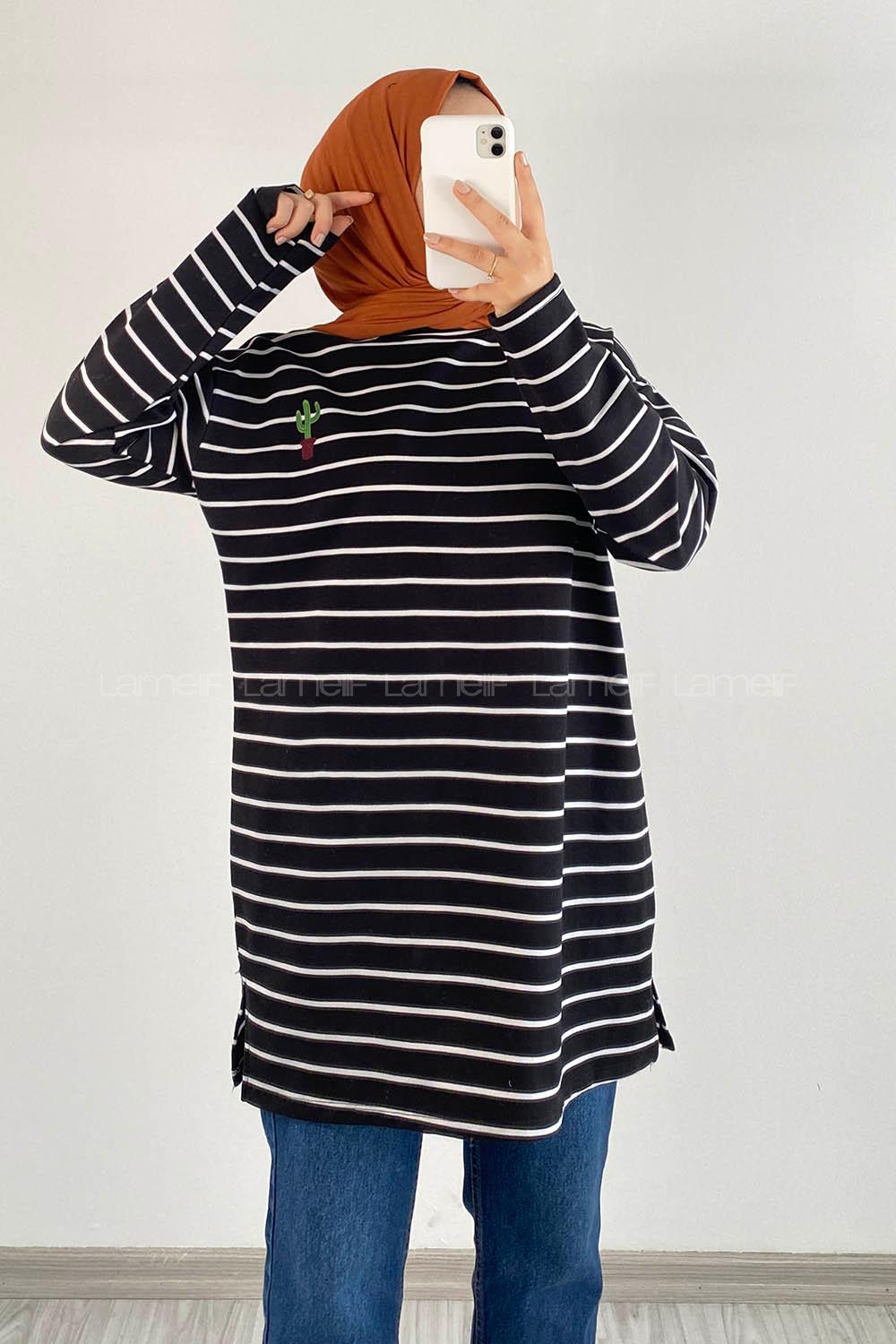 Modalamelif Kaktüs Nakışlı Çizgili Tunik Siyah