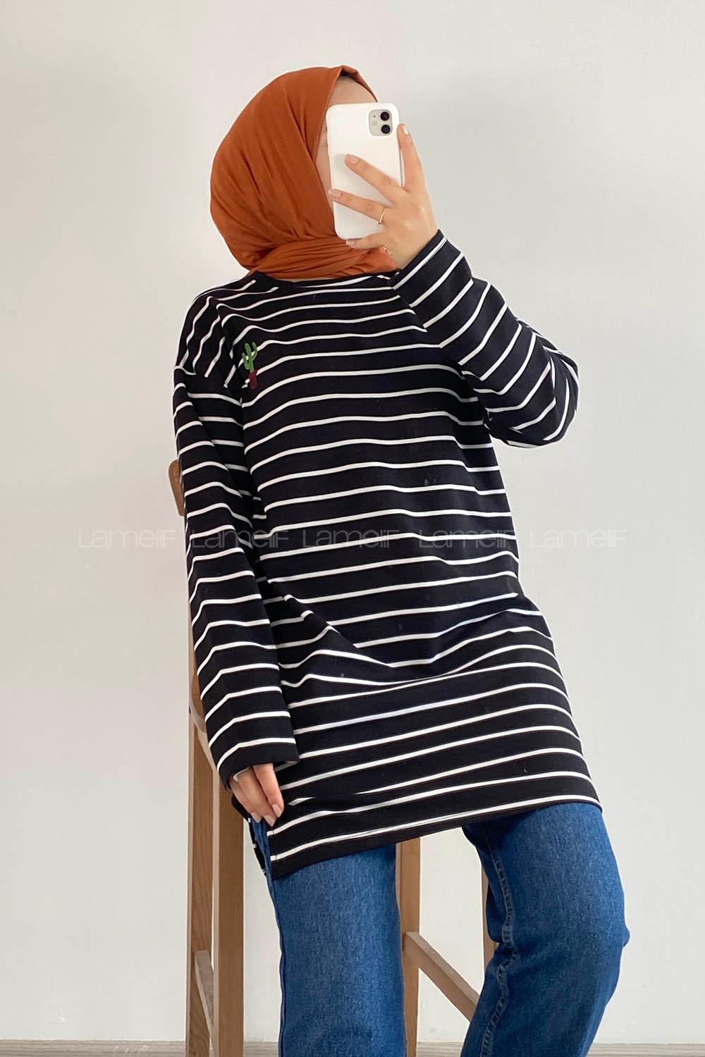 Modalamelif Kaktüs Nakışlı Çizgili Tunik Siyah