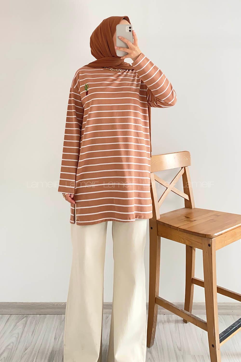 Modalamelif Kaktüs Nakışlı Çizgili Tunik Sütlü Kahve