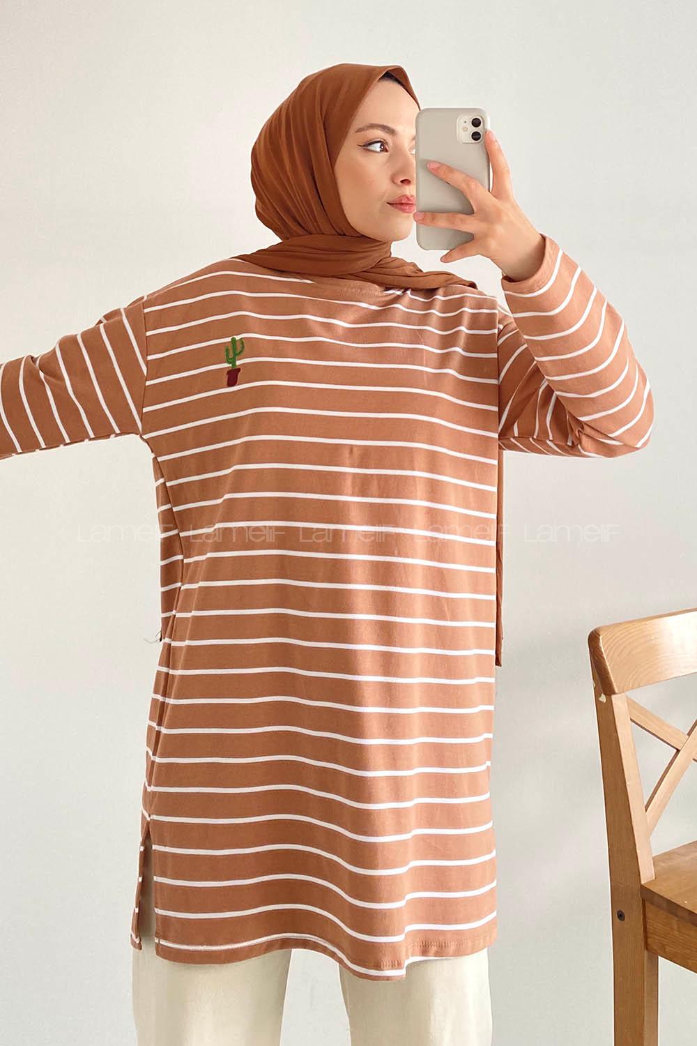 Modalamelif Kaktüs Nakışlı Çizgili Tunik Sütlü Kahve