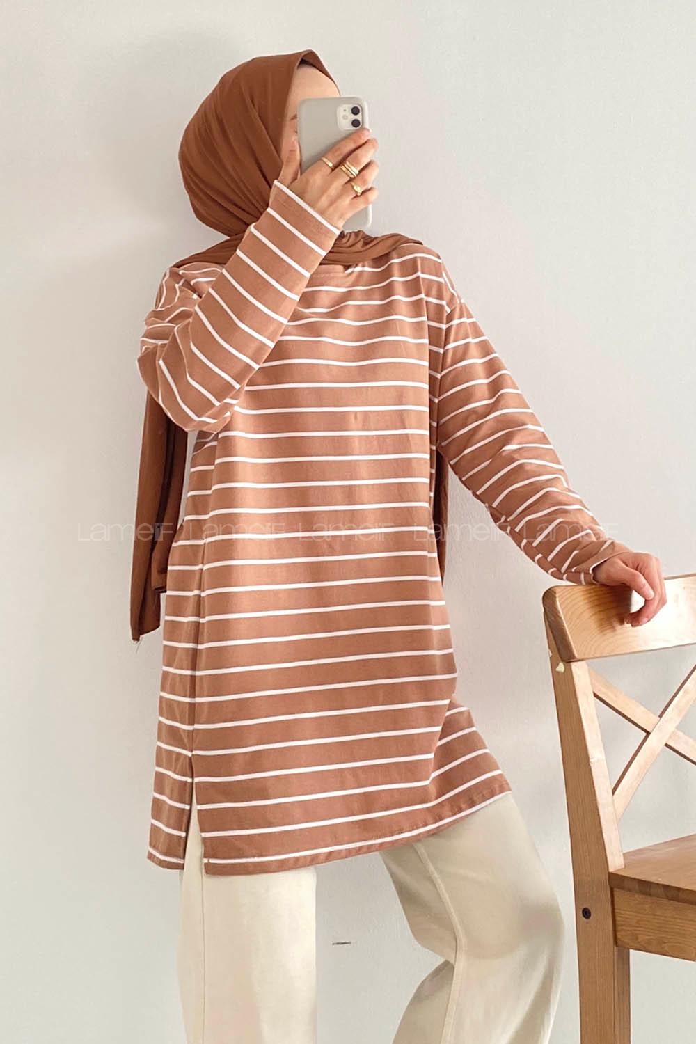 Modalamelif Kaktüs Nakışlı Çizgili Tunik Sütlü Kahve