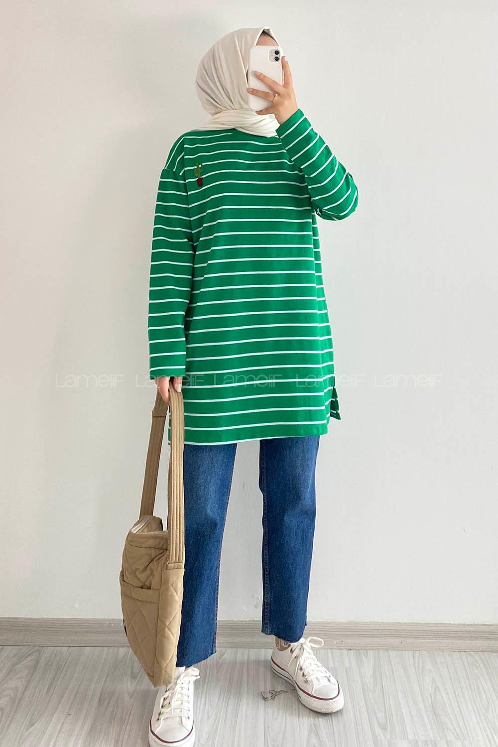 Modalamelif Kaktüs Nakışlı Çizgili Tunik Yeşil