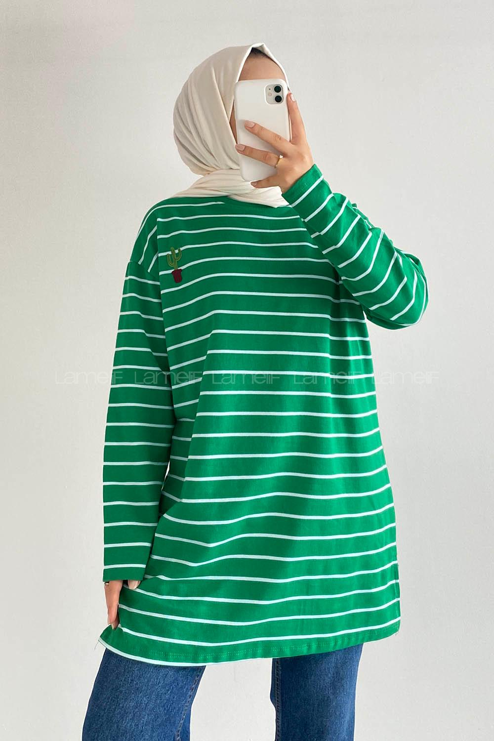Modalamelif Kaktüs Nakışlı Çizgili Tunik Yeşil