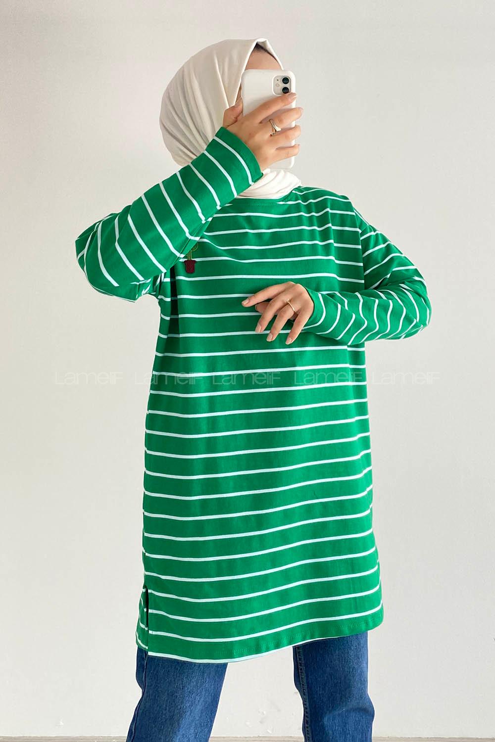 Modalamelif Kaktüs Nakışlı Çizgili Tunik Yeşil