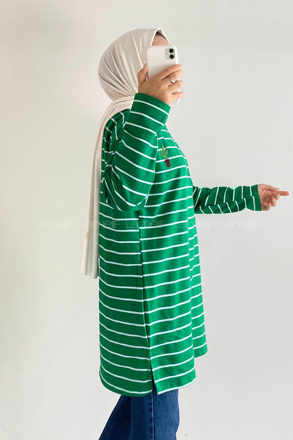 Modalamelif Kaktüs Nakışlı Çizgili Tunik Yeşil