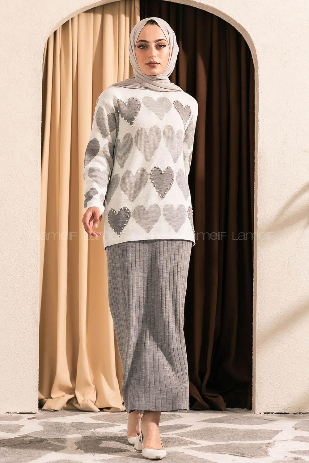 Modalamelif Kalp Desen Boncuk İşlemeli Etekli Takım Gri