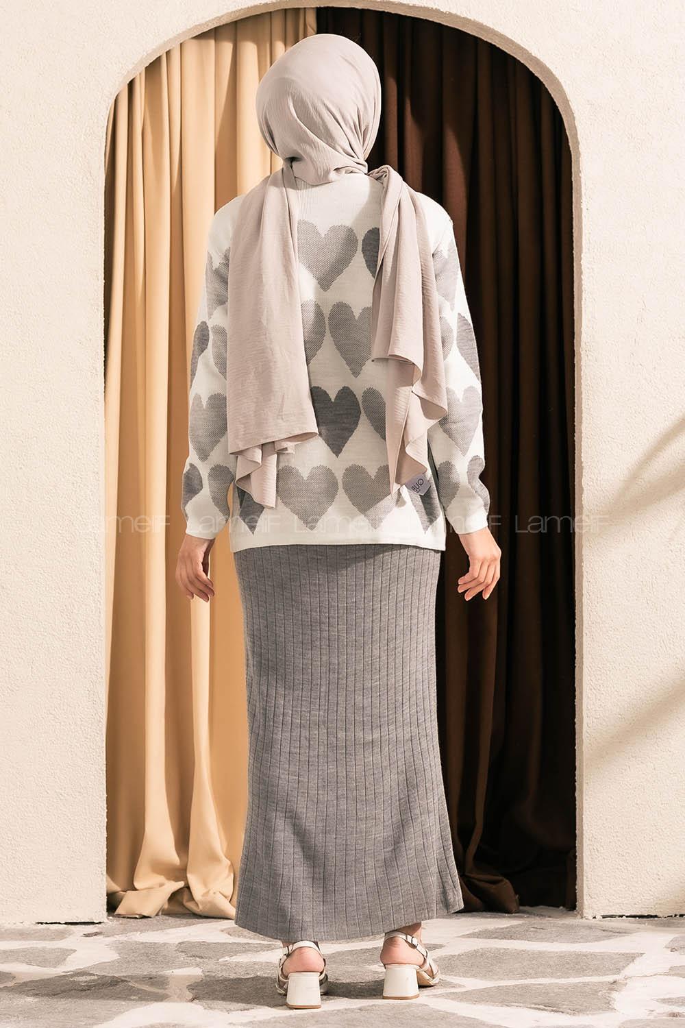 Modalamelif Kalp Desen Boncuk İşlemeli Etekli Takım Gri