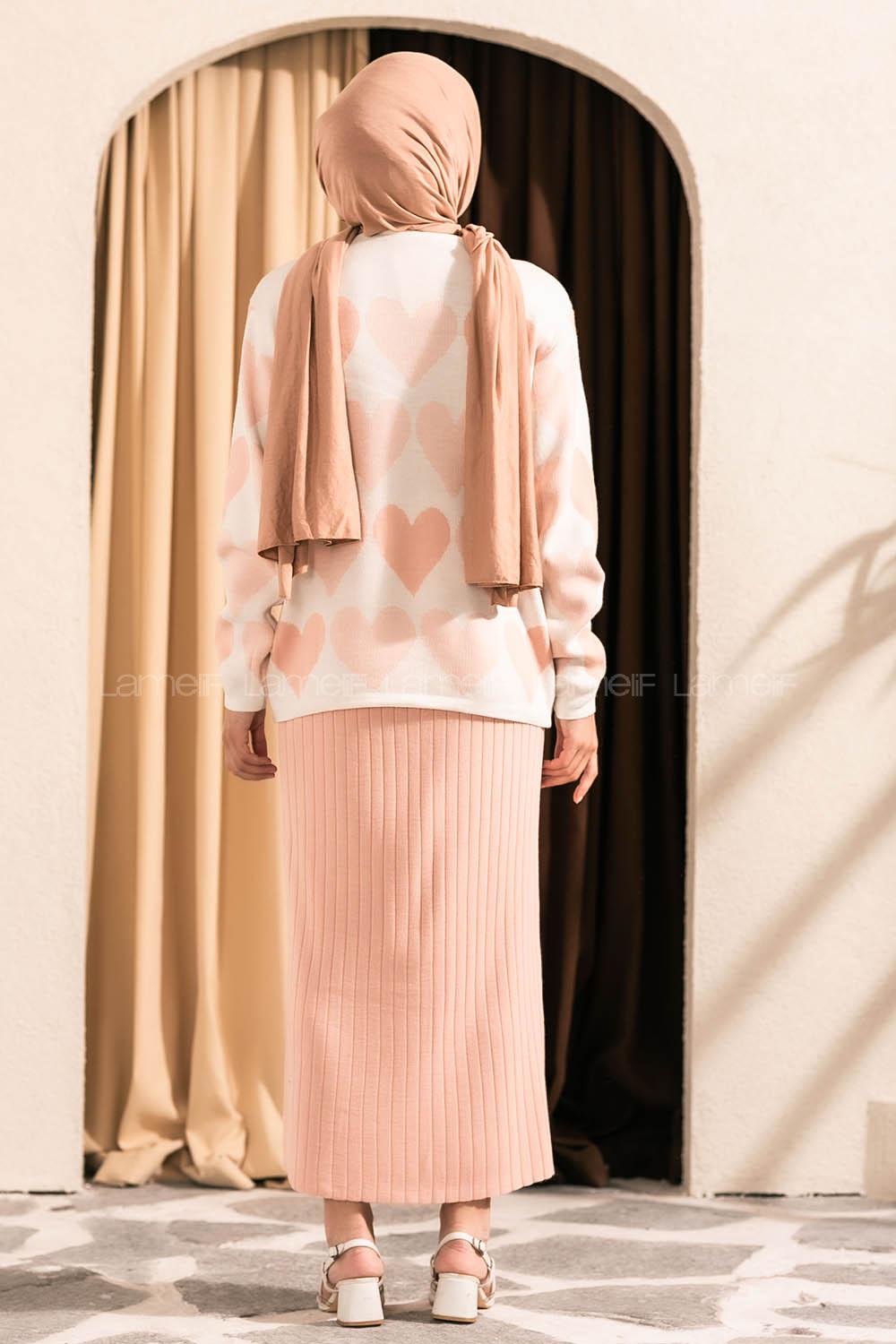 Modalamelif Kalp Desen Boncuk İşlemeli Etekli Takım Pudra